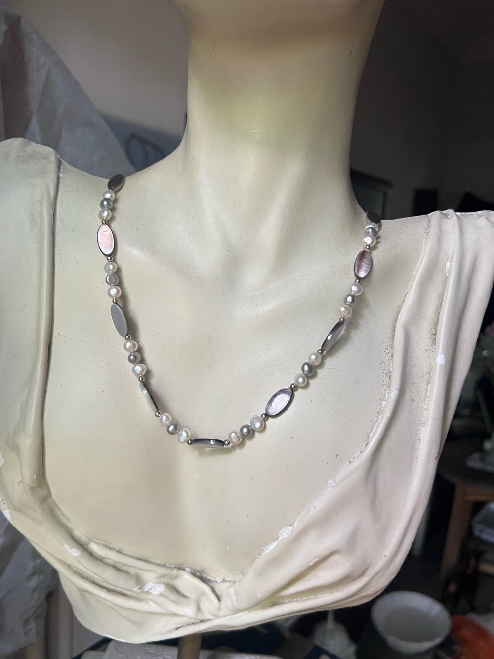 Elegant Pearl, mother of pearl and Sterling Silver Bead Necklace